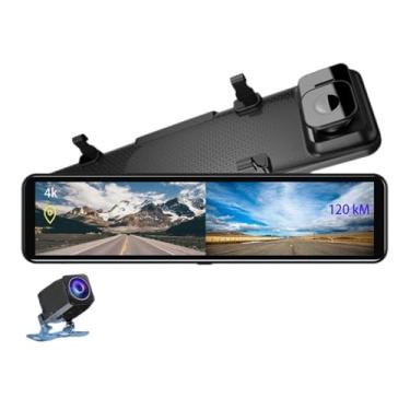 Imagem de 12 polegadas compatível com Dash Cam 4K Ultra HD 2160P IMX415 Espelho retrovisor de lente dupla Dashcam frontal e traseira DVR de carro compatível com Dash Camera