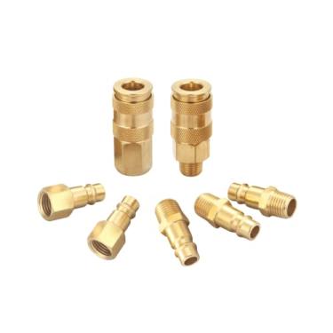 Imagem de T TANYA HARDWARE Kit de acoplador e plugue Pro High Flow (7 peças), estilo V, 1/4" NPT, conjunto de acessórios de ar de conexão rápida de latão sólido