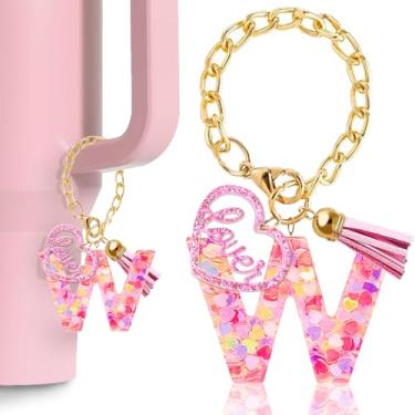 Imagem de Fabenyok Acessórios de pingente de letra para Stanley Cup, pingente de chaveiro de letra inicial fofo com amor para Stanley Tumbler para mulheres e meninas (rosa, letra W)