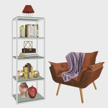 Imagem de Kit Poltrona Fatte com Manta Soft Lilás e Estante Livreiro Ferro Branco mdf Verde Oliva Suede Terracota - Ahazzo Móveis