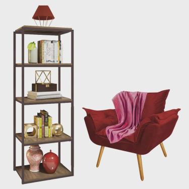 Imagem de Kit Poltrona Fatte com Manta Soft e Estante Livreiro Ferro Marrom mdf Rústico Suede Ver...