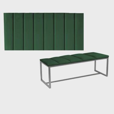 Imagem de Kit Painel Carla e Calçadeira Industrial 195cm King Size Box Ferro Prata Suede Verde - Ahz Móveis