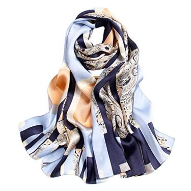 Imagem de Cachecol longo de seda 100% amoreira para mulheres grandes xales protetores solares envoltórios de cabeça e pescoço - envoltórios de cabelo com embalagem de presente, Azul claro, 67*21in