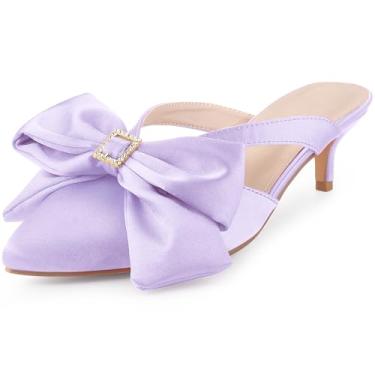 Imagem de Perphy Salto com laço fechado bico pionted salto gatinho cetim slide mules para mulheres, Roxa, 36