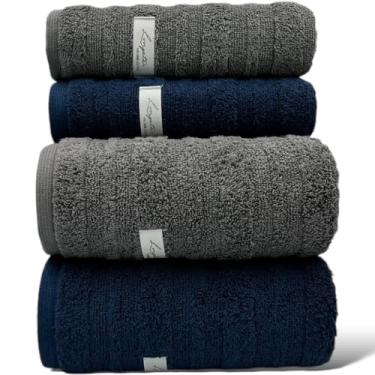 Imagem de Jogo de 4 Toalhas de Banho e Rosto Super Grossa Macia 100% Algodão Gramatura 600g(Azul | Cinza)