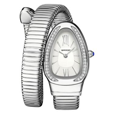 Imagem de Gosasa Relógio feminino elegante em forma de cobra, design exclusivo, bobina de cobra, vestido elegante, pulseira de diamante, relógio de pulso feminino de quartzo com mostrador de algarismos romanos