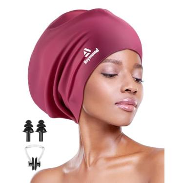 Imagem de Touca de natação para cabelos longos e grossos, 3 tamanhos de toucas de natação de silicone para dreadlocks, tranças, tecidos, extensões, cachos e afros, chapéus de banho à prova d'água para mulheres e homens (bordô-2GG)