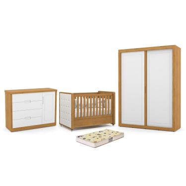 Imagem de Dormitório Tutto New 2 Portas, Cômoda 1 Porta e Berço com Capitonê e Colchão Supreme - Matic Móveis Freijó/Branco Soft