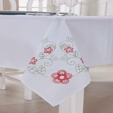 Imagem de Toalha de Mesa Retangular 6 Lugares Dália Branco e Vermelho