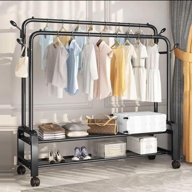 Imagem de Suporte De Cabide De Metal, Trilho De Roupas De Metal, Escorredor Resistente, Com 4 Ganchos Laterais, Para Armazenar Caixas, Sapatos, Casacos, Roupas E Bolsas, Quarto Interno (160 * 157, Black