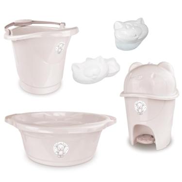Imagem de Kit Adoleta 5 Peças Enxoval Bebê Bacia Balde Saboneteira Lixeira e Porta Chupeta (Linho)
