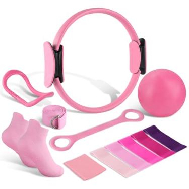 Imagem de Kit de acessórios de Pilates com 13 peças, conjunto de anéis de pilates para mulheres, exercícios domésticos, 30,5 cm, anel de ioga e faixas de resistência, 5 bandas de ioga, bola de exercício de 25