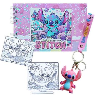 Imagem de Kit Stitch: Livro Colorir Papel Grosso Capa Dura Holográfico + Chaveir