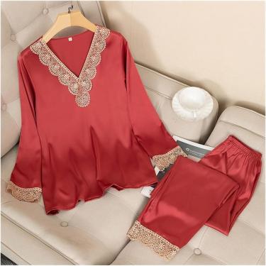 Imagem de Pijamas Conjunto De Pijamas De Seda De Cetim Para Mulheres Conjunto De Pijamas Conjunto De Dormir Feminino De Duas Peças Loungewear Home Wear Pijamas Femininos, B2, XL