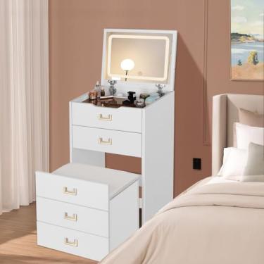 Imagem de HVCBOSS Penteadeira 3 Em 1 Com Espelho Flip Top, Pequeno Conjunto De Maquiagem, Mesa Vidro Visível, Gavetas Compactas Para Ferramenta Acolchoada, Quarto