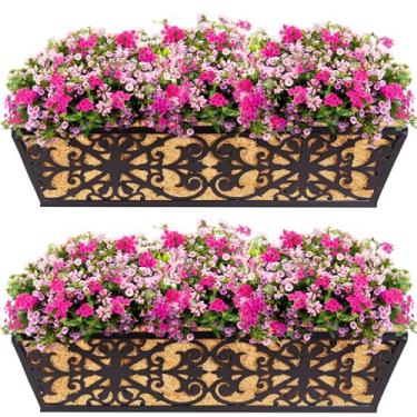 Imagem de Pacote com 2 caixas de janela de 61 cm, caixa de plantas, trilhos com suportes ajustáveis e forros de coco, sacos de cultivo de plantas, trilhos de convés, caixa de flores pendurada na varanda para