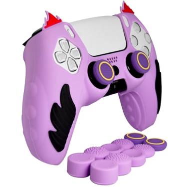 Imagem de HLRAO Capa protetora de silicone antiderrapante roxa e preta para controle PS5 compatível com controle PS5/Slim/Pro e 10 peças roxas para polegar.