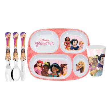 Imagem de Kit Refeição Infantil Princesas Disney 5 Peças Prato Divisória, Copo E Talheres Inox - Tuut