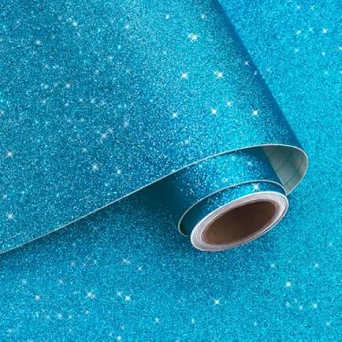 Imagem de VaryPaper Papel de parede com glitter azul celeste de 39,94 cm x 199,9 cm, descasque e cole papel de contato azul decorativo para armários, paredes, artesanato, papel de parede autoadesivo removível