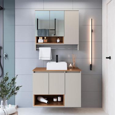 Imagem de Conjunto de Gabinete com Cuba Branca e Armário de Banheiro com Espelho e Nicho Cecília 6 PT Grafite e Mel