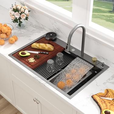 Imagem de Sarlai Pia de cozinha em cascata de 83 cm – 83 x 55 cm preto cachoeira na pia estação de trabalho de aço inoxidável pias inteligentes calibre 16 multifunções tigela única montagem superior pias de