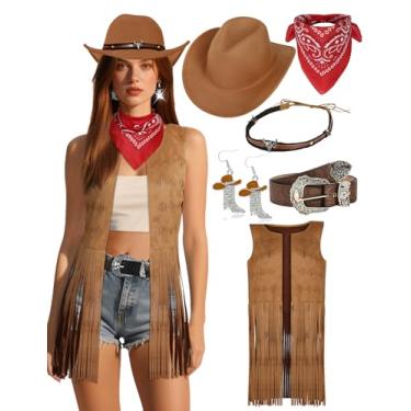 Imagem de Roupas de vaqueira para mulheres, acessórios de cintos ocidentais, colete feminino com franja, sem mangas, com chapéu de caubói e brinco bandana
