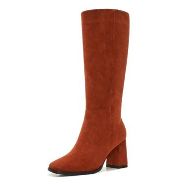 Imagem de Botas femininas de cano alto de panturrilha larga com zíper – Salto bloco de camurça sintética – Estilo plus size amigável outono inverno, Camurça marrom, 9 Wide
