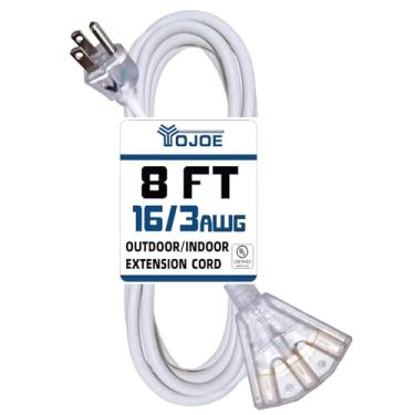 Imagem de YOJOE - Cabo de extensão para exteriores de 8 pés, cor branca com múltiplas tomadas, 3 pinos, 16/3 SJTW, cabo de extensão iluminado de 3 tomas, impermeável, cabo de extensão de alimentação