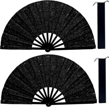Imagem de Ehonik Ventoinhas para dança de linha, botas de 2 peças no chão, leque de mão para mulheres, leque de mão dobrável portátil com bolsa, leque de rave grande para dança em linha para festa, casamento