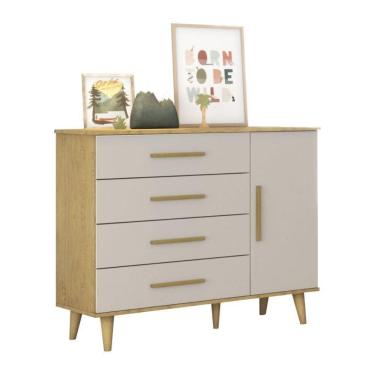 Imagem de Cômoda Infantil Retrô 4 Gavetas Com Fraldário Ludmila Off White Com Bétula Carolina Baby