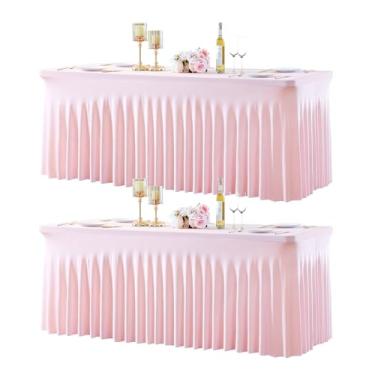 Imagem de Pacote com 2 toalhas de mesa de elastano rosa de 2,4 m para mesas retangulares, sem rugas, rosa retangular, capa de mesa elástica com saia para chá de bebê, festa de aniversário, banquete de casamento