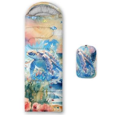 Imagem de Smell Sunshine Saco de dormir infantil para meninos e meninas, estampa de tartaruga azul, leve, quente, portátil, uso interno, impermeável, resistente ao clima frio, saco de dormir para acampamento e