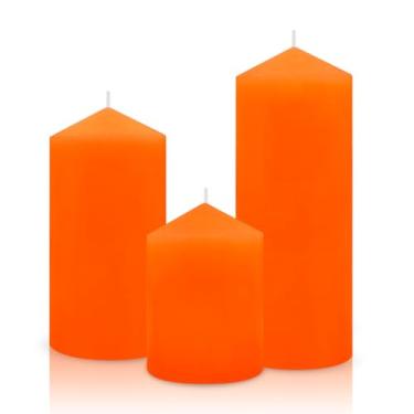 Imagem de Conjunto de 3 diferentes tamanhos de velas de pilar de cor laranja, sem gotejamento, sem cheiro, 7,5 x 15,8 cm, coluna cilíndrica de outono, 7,5 x 15,8 cm, velas de cera para o dia de Ação de Graças