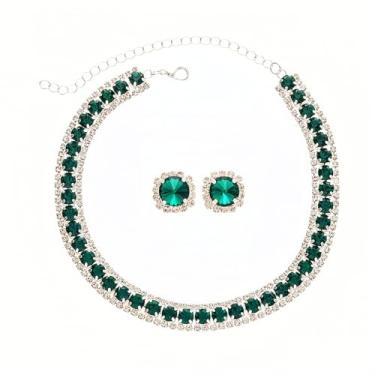 Imagem de Conjunto Colar Brinco Choker Gargantilha Rivieira Zircônia Cúbica Dourado Prata - Casamento Festa Formatura Debutante - Presente Noiva Namorada Mãe - Minimalista Vintage (Verde-Prateado)