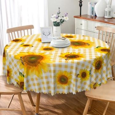 Imagem de SIEDYCV Toalha de mesa redonda com estampa de girassol, 106 cm, amarelo, xadrez, girassol, abelha, poliéster, antirrugas, lavável, capa de mesa xadrez para primavera, jardim, festa, piquenique, jantar