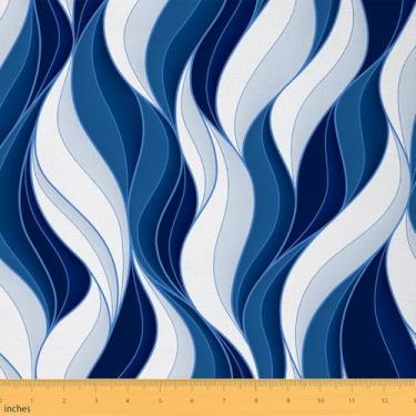 Imagem de Tecido minimalista azul branco de 2 metros por jarda, decoração de estofamento de listras abstratas para cadeiras, arte contemporânea, geométrico, impermeável, tecido externo listrado simples