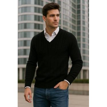 Imagem de Sueter masculino gola V de tricot blusa de frio - Generica, Preto, M