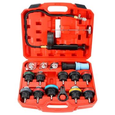 Imagem de DASBET Kit de ferramentas de teste de vazamento de pressão de radiador de 18 peças, conjunto de detector de teste de vazamento de tanque de água com bomba manual e adaptadores de nylon