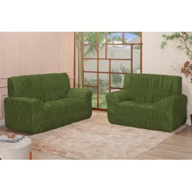 Imagem de Kit Capa para Sofá 3 e 2 Lugares, Malha Gel Poliéster, 21 Elásticos, Ajuste Coladinho, Estilo Contemporâneo (VERDE)