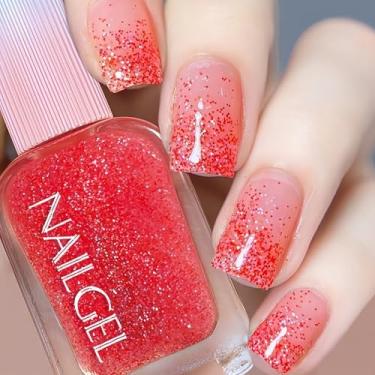Imagem de KAHSOSE Esmalte de unhas com glitter vermelho, base transparente brilhante com glitter vermelho e branco, esmalte de gel seco ao ar de 12 ml, sem necessidade de UV, top coat brilhante transparente
