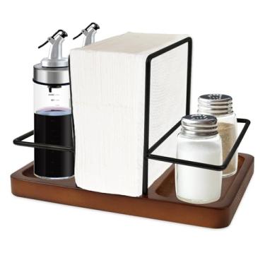 Imagem de XYDHQS Porta-guardanapos para mesa, dispensador de guardanapo giratório de madeira de 360° com suporte de sal e coqueteleira, elegante suporte de serviço para decoração de mesa de jantar, bancada de