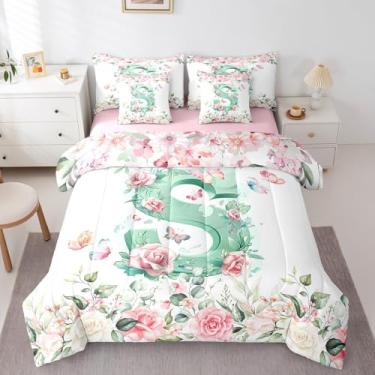 Imagem de Erosebridal Conjunto de cama verde com letra P em aquarela para meninas, crianças, meninos, com letra P, monograma, flores, conjunto de edredom solteiro, 7 peças, plantas de jardim, borboletas