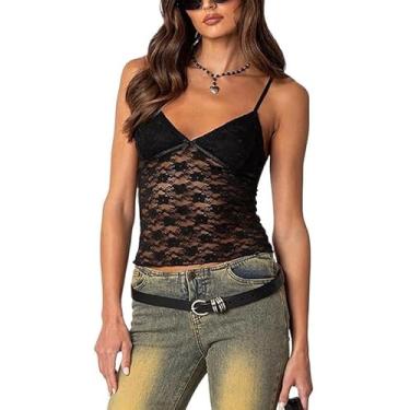 Imagem de Top De Tanque Y2k Lace See Through Cami Para Mulheres Com Alças Sexy Renda Floral Camisola Colete Tops, 7, S