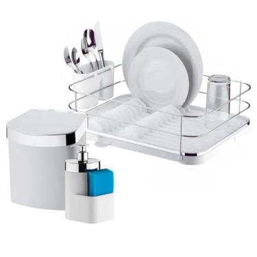 Imagem de Kit 3 Pçs Escorredor de Louças Lixeira 2,5L E Porta Detergente Branco e Cromado