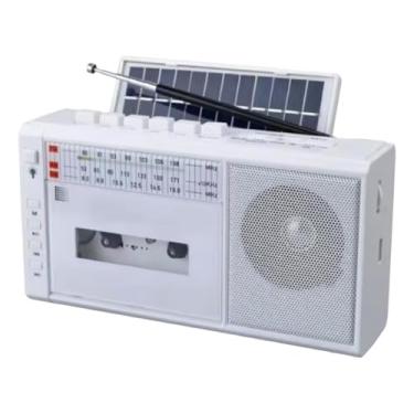 Imagem de BaotyJie Reprodutor compacto de fita cassete, gravador de fita, rádio portátil com design retrô, reprodutor solar de fita cassete para cozinha e banheiro, Branco
