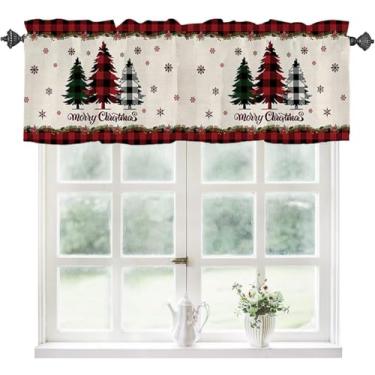Imagem de Cortina de janela de árvore de Natal sanefa Merry Christmas Buffalo xadrez bolso para varão pequeno janela curta tratamentos sanefa para cozinha banheiro garagem 137 cm L x 45 cm C Natal guingão