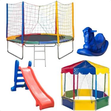 Imagem de Trampolim Cama Elástica Pula Pula 2,44m Piscina de Bolinhas 2,00m Oitavada Picadeiro Escorregador Médio Gangorra 1 Lugar