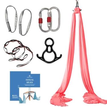 Imagem de Kit de seda aérea Aum Active – Acrobatic Flying Dance Yoga Trapeze Aerial Yoga Hammock Swing – Inclui 9 jardas de tecido de tricô aéreo, ferragens e guia – para Rigging Point até 3 metros, rosa, 9 Yards