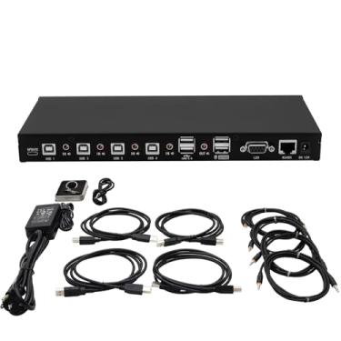Imagem de Interruptor KM de 4 portas com roaming de mouse e hub USB 2.0, comutação de áudio independente, suporta vários monitores, controle de teclas de atalho, inclui cabos e driver de software para