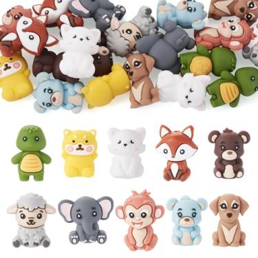 Imagem de Boutigem 20 peças de contas focais de silicone animal 3D fofo desenho animado ovelha elefante macaco raposa urso tartaruga cão gato contas de borracha animal solta espaçador contas para canetas com